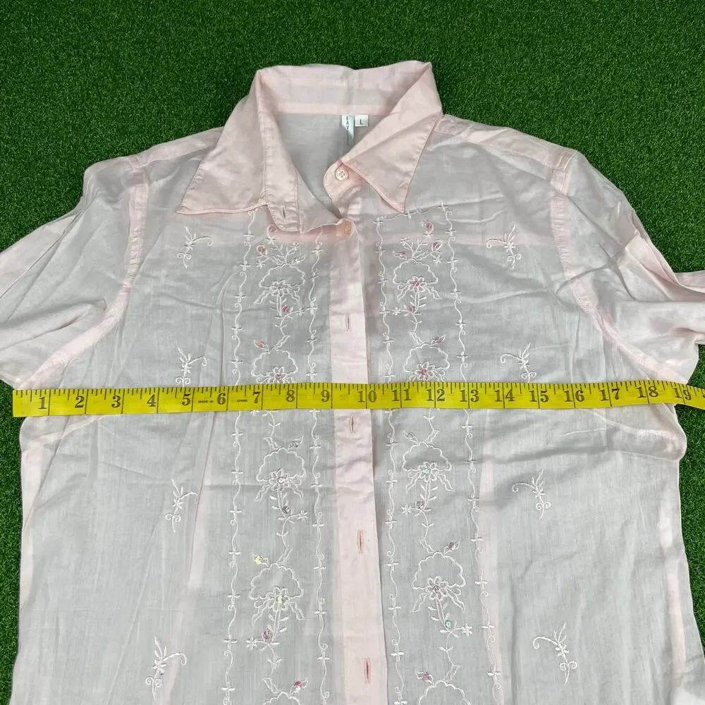 Lavender Star Pink Embroidered Long Sleeve Boho Sheer Button Up Shirt Sz L - Picture 5 of 6